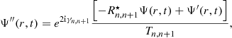 $$ \begin{aligned} \Psi ^{\prime \prime }(r,t)=e^{2\mathrm{i} \gamma _{n,n+1}}\frac{\left[-R_{n,n+1}^\star \Psi (r,t)+\Psi ^\prime (r,t) \right]}{T_{n,n+1}}, \end{aligned} $$