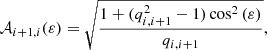 $$ \begin{aligned} \mathcal{A} _{i+1,i} (\varepsilon ) = \sqrt{\frac{1+(q_{i,i+1}^2-1)\cos ^2 \left(\varepsilon \right)}{q_{i,i+1}}}, \end{aligned} $$