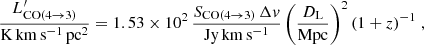 $$ \begin{aligned} {\small \frac{L^{\prime }_{\rm CO(4\rightarrow 3)}}{\mathrm{K}\,\mathrm{km}\,\mathrm{s}^{-1}\,\mathrm{pc}^2}=1.53\times 10^2\,\frac{S_{\rm CO(4\rightarrow 3)}\,\Delta v}{\mathrm{Jy}\,\mathrm{km}\,\mathrm{s}^{-1}}\,\bigg (\frac{D_{\rm L}}{\mathrm{Mpc}}\bigg )^2\,(1+z)^{-1}\;,} \end{aligned} $$
