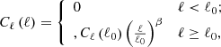 $$ \begin{aligned} C_\ell \left(\ell \right) = {\left\{ \begin{array}{ll} 0&\ell < \ell _0;\\ , C_\ell \left(\ell _0\right)\left(\frac{\ell }{\ell _0}\right)^\beta&\ell \ge \ell _0, \end{array}\right.} \end{aligned} $$