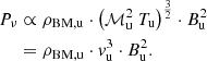 $$ \begin{aligned} P_\nu&\propto \rho _{\mathrm{BM,u} } \cdot \left(\mathcal{M} _\mathrm{u} ^2\ T_\mathrm{u} \right)^\frac{3}{2} \cdot B_\mathrm{u} ^2 \nonumber \\&= \rho _{\mathrm{BM,u} } \cdot v_\mathrm{u} ^3\cdot B_\mathrm{u} ^2. \end{aligned} $$