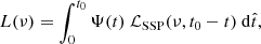 $$ \begin{aligned} L(\nu ) = \int _0^{t_0} \Psi (t)\ \mathcal{L} _{\rm SSP}(\nu , t_0-t)\ \mathrm{d}\hat{t} , \end{aligned} $$