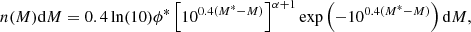 $$ \begin{aligned} n(M)\mathrm{d} M = 0.4 \ln (10) \phi ^*\left[ 10^{0.4(M^*-M)} \right]^{\alpha +1}\exp \left(-10^{0.4(M^*-M)} \right) \mathrm{d} M, \end{aligned} $$