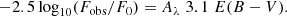 $$ \begin{aligned} -2.5\,\mathrm{log}_{10}{(F_{\rm obs}/F_0)} = A_\lambda \; 3.1 \; E(B-V). \end{aligned} $$
