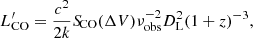$$ \begin{aligned} L^{\prime }_{\rm CO} = \frac{c^2}{2k} {S\!}_{\rm CO} (\Delta V) \nu ^{-2}_{\rm obs} D^2_{\rm L} (1+z)^{-3}, \end{aligned} $$