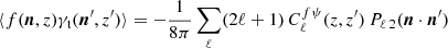 $$ \begin{aligned} \langle f({\boldsymbol{n}},z)\gamma _{\rm t}({\boldsymbol{n}}^{\prime },z^{\prime })\rangle&= - \frac{1}{8\pi }\sum _\ell (2\ell +1)\,C_\ell ^{f\psi }(z,z^{\prime })\,P_{\ell \,2}({\boldsymbol{n}}\cdot {\boldsymbol{n}}^{\prime }) \end{aligned} $$