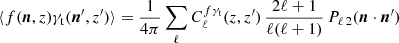 $$ \begin{aligned} \langle f({\boldsymbol{n}}, z)\gamma _{\rm t}({\boldsymbol{n}}^{\prime }, z^{\prime })\rangle = \frac{1}{4\pi }\sum _\ell C_\ell ^{f\gamma _{\rm t}}(z, z^{\prime })\,\frac{2\ell +1}{\ell (\ell +1)}\,P_{\ell \,2}({\boldsymbol{n}}\cdot {\boldsymbol{n}}^{\prime })\, \end{aligned} $$