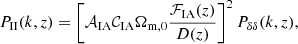 $$ \begin{aligned}&P_{\rm II}(k,z)=\left[\mathcal{A} _{\rm IA}\mathcal{C} _{\rm IA}\Omega _{\rm m,0}\frac{\mathcal{F} _{\rm IA}(z)}{D(z)}\right]^2P_{\delta \delta }(k,z), \end{aligned} $$