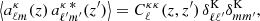 $$ \begin{aligned}&\left\langle a^\kappa _{\ell m}(z)\,a^{\kappa \, *}_{\ell ^{\prime } m^{\prime }}(z^{\prime }) \right\rangle = C_\ell ^{\kappa \kappa }(z, z^{\prime })\,\delta _{\ell \ell ^{\prime }}^\mathrm{K}\delta _{mm^{\prime }}^\mathrm{K}, \end{aligned} $$
