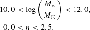 $$ \begin{aligned} 10.0&< \log \left(\frac{M_{*}}{{M}_{\odot }}\right) < 12.0, \\ 0.0&< n < 2.5. \end{aligned} $$