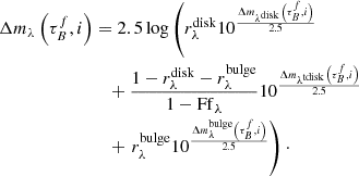 $$ \begin{aligned} \begin{split} \Delta m_{\lambda }\left(\tau _{B}^{f},i\right)&= 2.5\log \left(r_{\lambda }^\mathrm{disk}10^{\frac{\Delta m_{\lambda ^\mathrm{disk}}\left(\tau _{B}^{f},i\right)}{2.5}} \right.\\&\quad + \frac{1 - r_{\lambda }^\mathrm{disk} - r_{\lambda }^\mathrm{bulge}}{1 - \mathrm {Ff}_{\lambda } }10^{\frac{\Delta m_{\lambda ^\mathrm{tdisk}}\left(\tau _{B}^{f},i\right)}{2.5}}\\&\quad +\left. r_{\lambda }^\mathrm{bulge}10^{\frac{\Delta m_{\lambda }^\mathrm{bulge}\left(\tau _{B}^{f},i\right)}{2.5}}\right)\cdot \end{split} \end{aligned} $$
