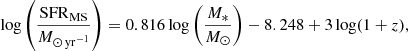 $$ \begin{aligned} \log \left(\frac{\mathrm{SFR}_{\rm MS}}{M_{\odot \,\mathrm{yr} ^{-1}}}\right) = 0.816\log \left(\frac{M_{*}}{{M}_{\odot }}\right) - 8.248 + 3\log (1+z), \end{aligned} $$