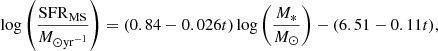 $$ \begin{aligned} \log \left(\frac{\mathrm{SFR}_{\rm MS}}{M_{\odot \mathrm{yr} ^{-1}}}\right) = (0.84 - 0.026t)\log \left(\frac{M_{*}}{{M}_{\odot }}\right) - (6.51 - 0.11t), \end{aligned} $$