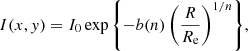 $$ \begin{aligned} I(x,{ y}) = I_0\exp {\left\{ -b(n)\left(\frac{R}{R_{\mathrm{e} }}\right)^{1/n}\right\} }, \end{aligned} $$