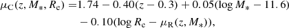 $$ \begin{aligned} \mu _{\mathrm{C} }(z,M_*,R_{\mathrm{e} }) =&1.74 - 0.40(z-0.3) + 0.05(\log {M_*} - 11.6)\nonumber \\& -0.10(\log {R_{\mathrm{e} }} - \mu _{\mathrm{R} }(z,M_*)), \end{aligned} $$