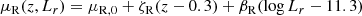 $$ \begin{aligned} \mu _{\mathrm{R} }(z,L_r) = \mu _{\mathrm{R} ,0}+ \zeta _{\mathrm{R} }(z - 0.3) + \beta _{\mathrm{R} }(\log {L_r} - 11.3) \end{aligned} $$