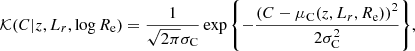 $$ \begin{aligned} \mathcal{K} (C|z,L_r,\log {R_{\mathrm{e} }}) = \frac{1}{\sqrt{2\pi }\sigma _{\mathrm{C} }}\exp {\left\{ -\frac{\left(C - \mu _{\mathrm{C} }(z,L_r,R_{\mathrm{e} })\right)^2}{2\sigma _{\mathrm{C} }^2}\right\} }, \end{aligned} $$