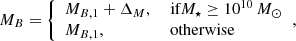 $$ \begin{aligned} M_B = {\left\{ \begin{array}{ll} M_{B,1} + \Delta _M,&\text{ if} M_\star \ge 10^{10}\,{M_\odot } \\ M_{B, 1},&\text{ otherwise} \end{array}\right.} , \end{aligned} $$