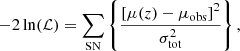 $$ \begin{aligned} -2\,\mathrm{ln} (\mathcal{L} ) = \sum _\mathrm{SN} \left\{ \frac{\left[\mu (z) - \mu _\mathrm{obs} \right]^{2}}{\sigma ^{2}_\mathrm{tot} } \right\} , \end{aligned} $$