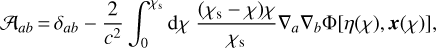${{\cal A}_{ab}} = {\delta _{ab}} - {2 \over {{c^2}}}\int_0^{{\chi _{\rm{s}}}} {{\rm{d}}\chi} {{\left({{\chi _{\rm{s}}} - \chi} \right)\chi} \over {{\chi _{\rm{s}}}}}{\nabla _a}{\nabla _b}{\rm{\Phi}}\left[{\eta \left(\chi \right),{\bf{x}}\left(\chi \right)} \right],$