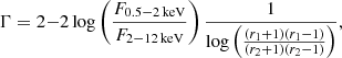 $$ \begin{aligned} \Gamma = 2 {-} 2\log \left( \frac{F_{0.5{-}2\,\mathrm{keV} }}{F_{2{-}12\,\mathrm{keV} }} \right)\frac{1}{\log \left( \frac{(r_1+1)(r_1-1)}{(r_2+1)(r_2-1)} \right)}, \end{aligned} $$