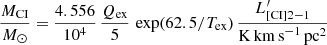 $$ \begin{aligned} \frac{M_{\rm CI}}{M_\odot } = \frac{4.556}{10^{4}}\,\frac{Q_{\rm ex}}{5}\,\exp (62.5/T_{\rm ex})\,\frac{L^{\prime }_{\rm [CI]2-1}}{\mathrm{K\,km\,s}^{-1}\,\mathrm{pc}^2} \end{aligned} $$