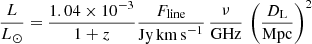 $$ \begin{aligned} \frac{L}{L_\odot } = \frac{1.04\times 10^{-3}}{1+z} \frac{F_{\rm line}}{\mathrm{Jy\,km\,s}^{-1}}\,\frac{\nu }{\mathrm{GHz}}\,\left(\frac{D_{\rm L}}{\mathrm{Mpc}}\right)^2 \end{aligned} $$