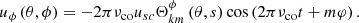 $$ \begin{aligned}&u_\phi \left(\theta ,\phi \right) = -2\pi \nu _{\rm co}u_{sc} \Theta _{km}^{\phi }\left(\theta , s\right)\cos \left(2\pi \nu _{\rm co}t + m\varphi \right). \end{aligned} $$