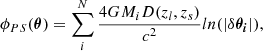 $$ \begin{aligned} \phi _{PS}(\boldsymbol{\theta })=\sum _i^N\frac{4GM_iD(z_l,z_s)}{c^2}ln(|\delta \boldsymbol{\theta _i}|), \end{aligned} $$
