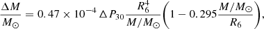 $$ \begin{aligned} \frac{\Delta M}{M_\odot } = 0.47 \times 10^{-4}\,\Delta P_{30}\frac{R^4_{6}}{M/M_\odot } \bigg (1-0.295\frac{M/M_\odot }{R_{6}} \bigg ), \end{aligned} $$