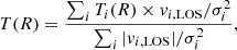 $$ \begin{aligned} T(R) = \frac{\sum _i T_i(R) \times v_{i,\mathrm {LOS}} / \sigma _i^2}{\sum _i |v_{i,\mathrm {LOS}}| / \sigma _i^2}, \end{aligned} $$