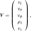 $$ \begin{aligned} \boldsymbol{V}=\left( \begin{array}{c} {v}_{\rm r} \\ {v}_{\theta } \\ {v}_{\phi } \\ \rho _1 \\ s_1 \end{array} \right), \end{aligned} $$