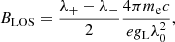 $$ \begin{aligned} B_{\rm LOS} = \frac{\lambda _+ - \lambda _-}{2} \frac{4\pi m_{\rm e} c}{e g_{\rm L} \lambda _0^2}, \end{aligned} $$