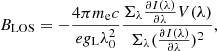 $$ \begin{aligned} B_{\rm LOS} = -\frac{4\pi m_{\rm e} c}{e g_{\rm L} \lambda _0^2} \frac{\Sigma _{\lambda } \frac{\partial I(\lambda )}{\partial \lambda } V(\lambda )}{\Sigma _{\lambda } (\frac{\partial I(\lambda )}{\partial \lambda })^2}, \end{aligned} $$