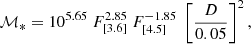 $$ \begin{aligned} \mathcal{M} _{*} = 10^{5.65}\ F_{[3.6]}^{2.85}\ F_{[4.5]}^{-1.85}\ \left[\frac{D}{0.05}\right]^2, \end{aligned} $$