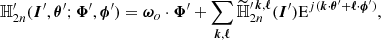 $$ \begin{aligned} {\mathbb{H} }^{\prime }_{2n}({\boldsymbol{I}}^{\prime }, {\boldsymbol{\theta }}^{\prime }; {\boldsymbol{\Phi }}^{\prime }, {\boldsymbol{\phi }}^{\prime }) = {{\boldsymbol{\omega }}_{o}} \cdot {\boldsymbol{\Phi }}^{\prime } + \sum _{\boldsymbol{k},{\boldsymbol{\ell }}} \widetilde{\mathbb{H} }_{2n}^{\prime \,\boldsymbol{k},\boldsymbol{\ell }} ({\boldsymbol{I}}^{\prime }) \mathrm{E}^{j(\boldsymbol{k} \cdot {\boldsymbol{\theta }}^{\prime } + \boldsymbol{\ell } \cdot {\boldsymbol{\phi }}^{\prime })}, \end{aligned} $$