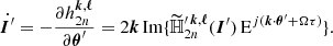 $$ \begin{aligned} \dot{{\boldsymbol{I}}^{\prime }} = -\frac{\partial h_{2n}^{{\boldsymbol{k}},{\boldsymbol{\ell }}}}{\partial {\boldsymbol{\theta }}^{\prime }} = 2 {\boldsymbol{k}}\,{\mathrm{Im} } \{\widetilde{\mathbb{H} }_{2n}^{\prime \,\boldsymbol{k},\boldsymbol{\ell }}({\boldsymbol{I}}^{\prime }) \, \mathrm{E}^{j({\boldsymbol{k}} \cdot {\boldsymbol{\theta }}^{\prime } + \Omega \tau )}\}. \end{aligned} $$