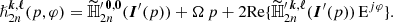 $$ \begin{aligned} \hslash _{2n}^{{\boldsymbol{k}},{\boldsymbol{\ell }}}(p,\varphi ) = \widetilde{\mathbb{H} }_{2n}^{\prime \,\boldsymbol{0},\boldsymbol{0}}({\boldsymbol{I}}^{\prime }(p)) + \Omega \, p + 2 {\mathrm{Re} } \{ \widetilde{\mathbb{H} }_{2n}^{\prime \,\boldsymbol{k},\boldsymbol{\ell }}({\boldsymbol{I}}^{\prime }(p)) \, \mathrm{E}^{j \varphi }\}. \end{aligned} $$