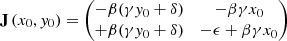 $$ \begin{aligned} \mathbf J \left(x_0, y_0\right) = \begin{pmatrix} -\beta (\gamma y_0 + \delta )&-\beta \gamma x_0 \\ +\beta (\gamma y_0 + \delta )&-\epsilon + \beta \gamma x_0 \end{pmatrix} \end{aligned} $$