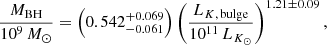 $$ \begin{aligned} \dfrac{M_{\rm BH}}{10^{9}\,M_\odot } = \left(0.542_{-0.061}^{+0.069}\right)\left(\dfrac{L_{K,\,\mathrm{bulge}}}{10^{11}\,L_{K_\odot }}\right)^{1.21\pm 0.09}, \end{aligned} $$