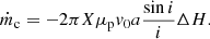 $$ \begin{aligned} \dot{m}_{\rm c}=-2\pi X \mu _{\rm p} {v}_0 a \frac{\sin i}{i}\Delta H .\end{aligned} $$