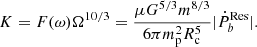 $$ \begin{aligned} K=F(\omega )\Omega ^{10/3}=\frac{\mu G^{5/3} m^{8/3}}{6\pi m_{\rm p}^2 R_{\rm c}^5}|\dot{P}_b^\mathrm{Res}|. \end{aligned} $$