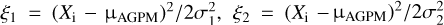 ${{{\xi _1} = {{\left( {{X_{\rm{i}}} - {{\rm{\mu }}_{{\rm{AGPM}}}}} \right)}^2}} \mathord{\left/ {\vphantom {{{\xi _1} = {{\left( {{X_{\rm{i}}} - {{\rm{\mu }}_{{\rm{AGPM}}}}} \right)}^2}} {2\sigma _1^2,}}} \right. \kern-\nulldelimiterspace} {2\sigma _1^2,}}{{{\xi _2} = {{\left( {{X_{\rm{i}}} - {{\rm{\mu }}_{{\rm{AGPM}}}}} \right)}^2}} \mathord{\left/ {\vphantom {{{\xi _2} = {{\left( {{X_{\rm{i}}} - {{\rm{\mu }}_{{\rm{AGPM}}}}} \right)}^2}} {2\sigma _2^2}}} \right. \kern-\nulldelimiterspace} {2\sigma _2^2}}$