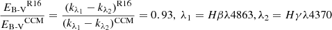 $ \dfrac{{E_{\text{B-V}}}^{\mathrm{R16}}}{{E_{\text{B-V}}}^{\mathrm{CCM}}}=\dfrac{(k_{\lambda_1}-k_{\lambda_2})^{\mathrm{R16}}}{(k_{\lambda_1}-k_{\lambda_2})^{\mathrm{CCM}}}=0.93, \ \lambda_1=H\beta \lambda4863, \lambda_2=H\gamma \lambda4370 $