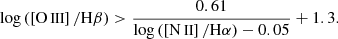 $$ \begin{aligned} \log \left( \left[ \mathrm{O}\,{\small{\text{III}} } \right]/\mathrm{H}\beta \right) > \frac{0.61}{\log \left( \left[ \mathrm{N}\,{\small{\text{II}} } \right]/\mathrm{H}\alpha \right) - 0.05} + 1.3 . \end{aligned} $$
