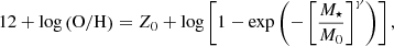 $$ \begin{aligned} 12 + \log \left( \mathrm{O}/\mathrm{H} \right) = Z_0 + \log \left[ 1 - \exp \left( - \left[ \frac{M_\star }{M_0} \right]^\gamma \right) \right] , \end{aligned} $$