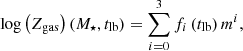 $$ \begin{aligned} \log \left( Z_{\rm gas} \right) \left( M_\star , t_{\rm lb}\right) = \sum _{i=0}^3 f_i \left( t_{\rm lb}\right) m^i, \end{aligned} $$