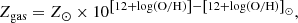 $$ \begin{aligned} Z_{\rm gas}&= Z_{\odot } \times 10^{\left[ 12 + \log \left( \mathrm{O}/\mathrm{H} \right) \right] - \left[ 12 + \log \left( \mathrm{O}/\mathrm{H} \right) \right]_{\odot }} ,\end{aligned} $$