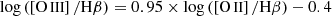 $$ \begin{aligned} \log \left( \left[ \mathrm{O}\,{\small{\text{III}} } \right]/\mathrm{H}\beta \right) = 0.95 \times \log \left( \left[ \mathrm{O}\,{\small{\text{II}} } \right]/\mathrm{H}\beta \right) - 0.4 \end{aligned} $$