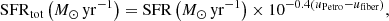 $$ \begin{aligned} \mathrm{SFR}_{\rm tot} \left( M_{\odot }\,\mathrm{yr}^{-1} \right) = \mathrm{SFR} \left( M_{\odot }\,\mathrm{yr}^{-1} \right) \times 10^{-0.4 \left( u_{\rm Petro} - u_{\rm fiber} \right)}, \end{aligned} $$